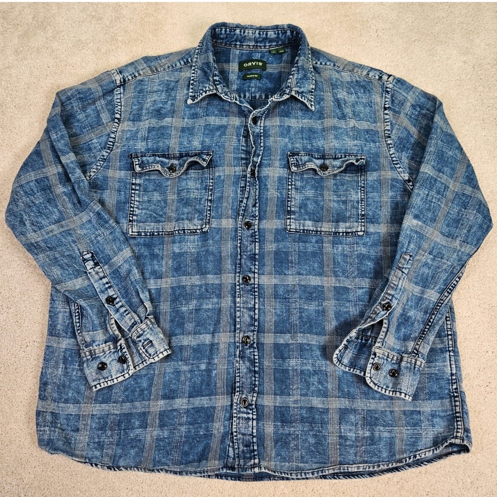 Orvis Mens XL Blue Plaid Denim Long Sleeve Button Up Shirt Active Fit‎